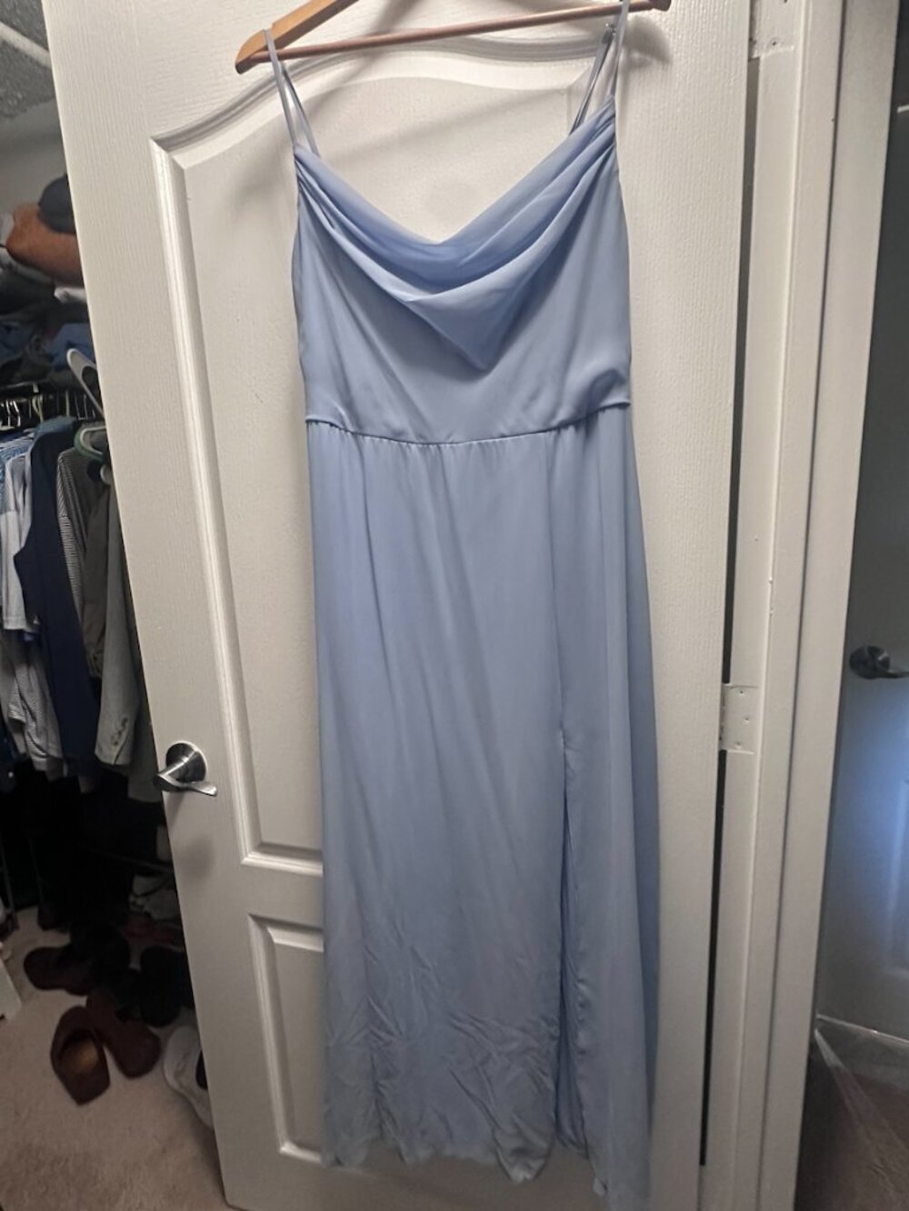 Dessy Group Cowl-Neck A-Line Maxi Dress, Lux Chiffon, color Cloudy Blue Size 16